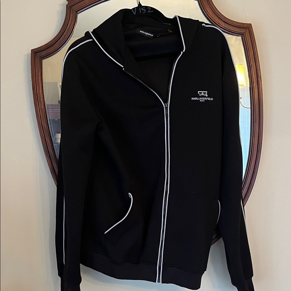 Karl Lagerfeld Paris XL Black Hoodie with White Piping EUC